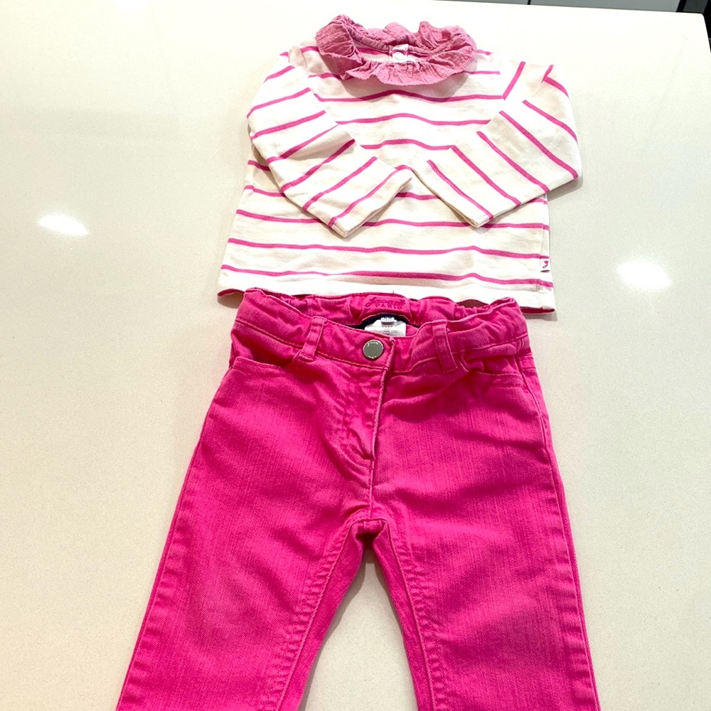 Jacadi pink top with collar and matching pink jeans size 12 months